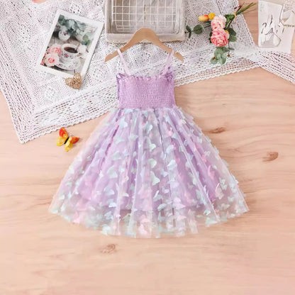 2024 Girls Purple Butterfly Dress Summer Children Colorful Mesh Dress Baby Sling Wings Princess Dress for Birthday 3-8T