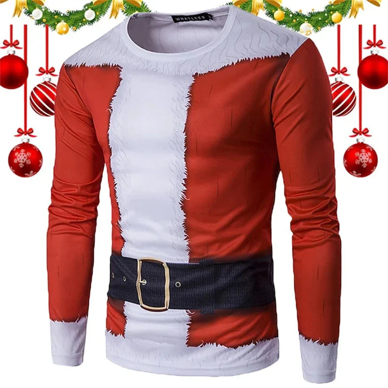 New Fun Christmas Long Sleeve T-Shirt Santa Claus Pattern Sweatshirt Men Role Play Pullover Boys Round Neck Polyester Sweatshirt