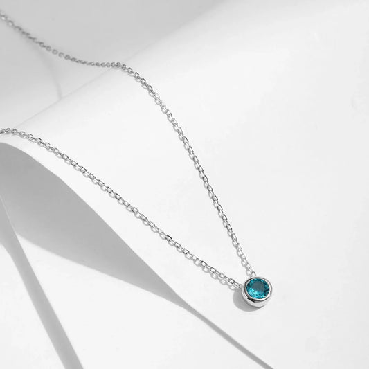 925 Sterling Silver Teal Round Zirconia Pendant Necklace White Gold Plated Neck Link Chain For Women Party Jewelry Gift