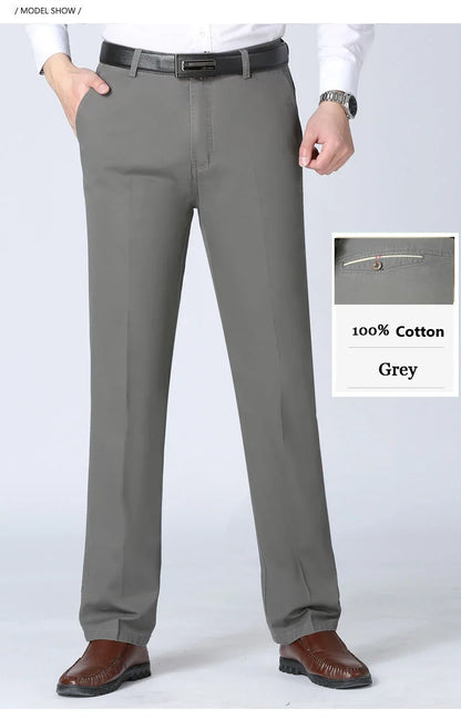 Men's Spring Autumn 100% Cotton Middle-aged Business Trousers Straight Slacks High Waist Dad's Thin Thick Casual Male Suit Pants
