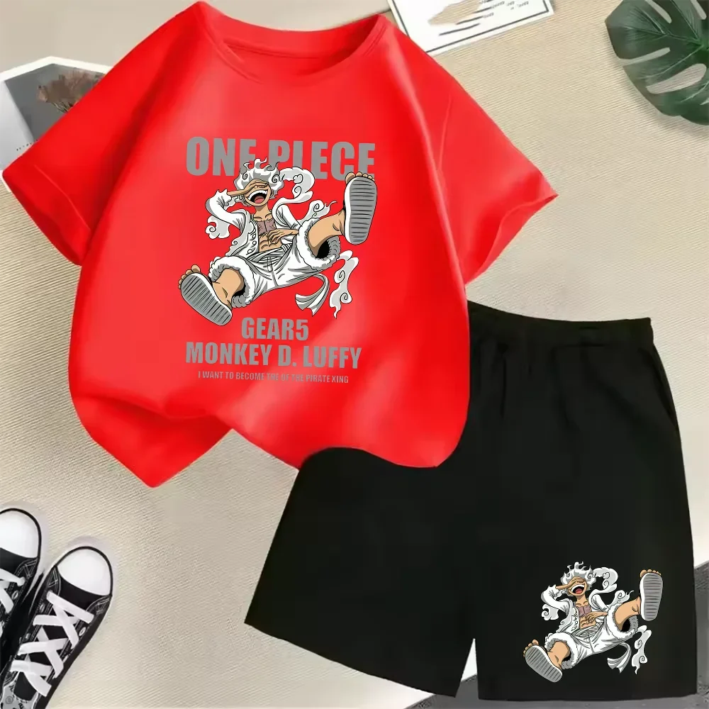Summer New Cotton Kids T-Shirt Set Luffy Gear 5 One Piece Children Shorts Sport Casual School Outdoor Boys Tracksuit