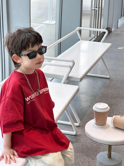 Red Cotton T-Shirt for Tween Boys Girls Loose Fitting Trendy Unisex Summer Top with Embroidered Letters Youthful Casual Wear