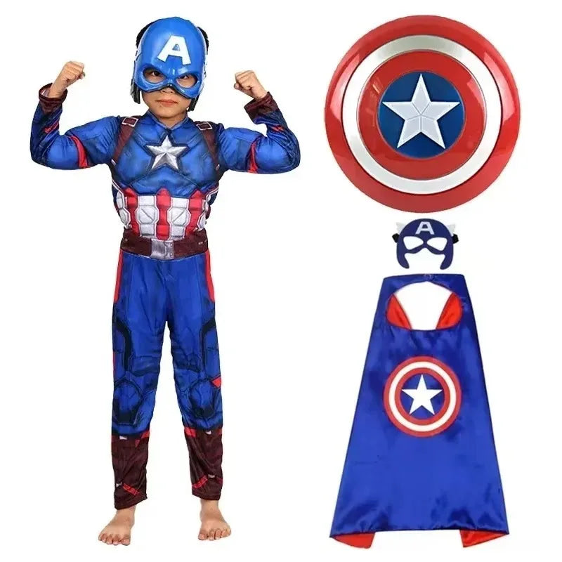 Kid Boys Captain America Muscle Costume Superhero Cosplay Jumpsuit  Halloween Carnival Party Birthday Dress Up Role Play Costume