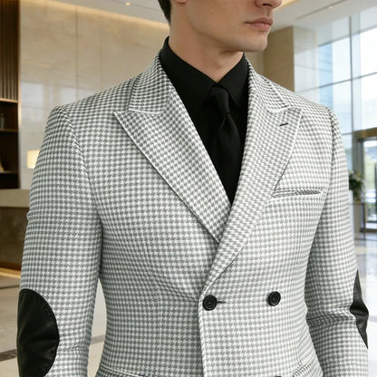 Men's Vintage Houndstooth Blazer Notch Lapel Leather Elbow Patches Slim Fit Jacket Business Casual Sport Coat For Spring Autumn