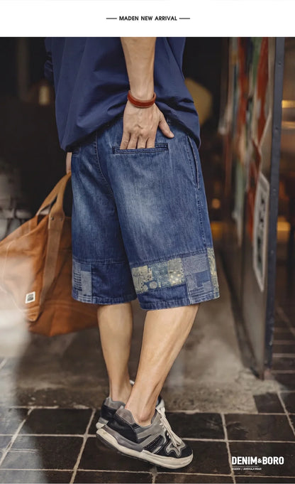 Maden Men's American Retro Slub Texture Washed Denim Shorts Vintage Cloth Spliced Five Inch Loose Casual Workwear Daily Trousers