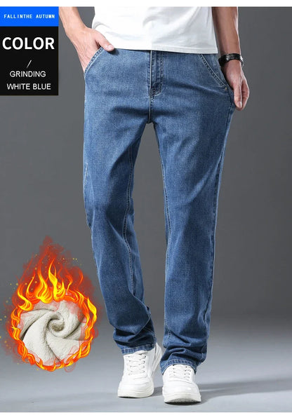 2024 New Men's Clothing Casual Jeans Winter New Fleece Pants Thick Warm Fashion Straight Fit Male Denim Trousers