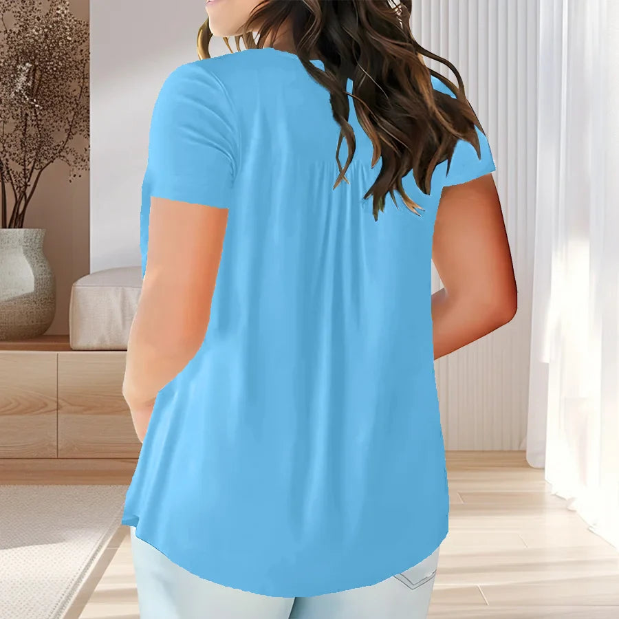 Solid Color Button Front Tee, Casual Fashion Short Sleeve Scoop Neck T-shirt for Summer