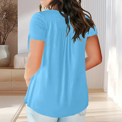 Solid Color Button Front Tee, Casual Fashion Short Sleeve Scoop Neck T-shirt for Summer