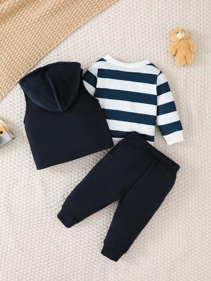 3PCS，Cute Bear - Themed Baby Boy Clothing Set: Navy Vest, Striped Tee & Joggers，Fabric comfort，Suitable for fall and winter.