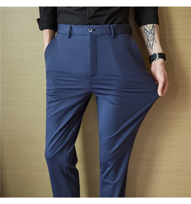 Mens Dress Pants Trousers 2025 Summer New Thin Breathable Solid Casual High Elastic Slim Fit Suit Pants Streetwear Men Clothing