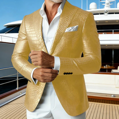 Luxury Men's Crocodile Embossed Leather Blazer Notch Lapel Suit Fit 1 Button Jacket Shiny Croc Print Formal Business Party Coat