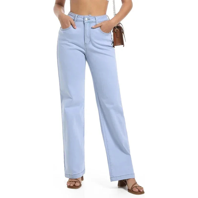 Girls Casual Loose Fit High Waisted Jeans Female Straight Leg Stretch Denim Pants Lady Comfortable Solid Basic Cheap Trousers