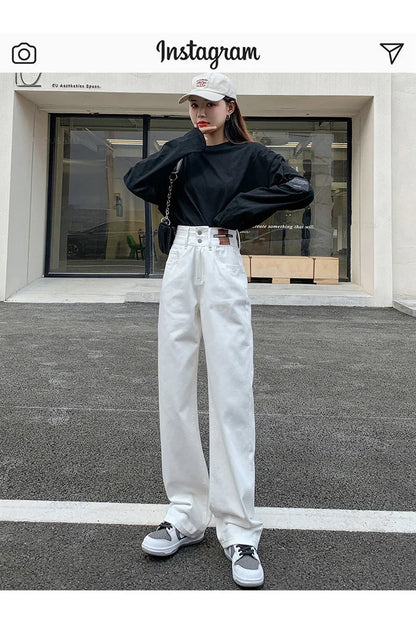 Y2K Woman Jeans High Waist Wide Leg Cotton Denim Clothing Blue White Streetwear Vintage Fashion Harajuku Straight Pants