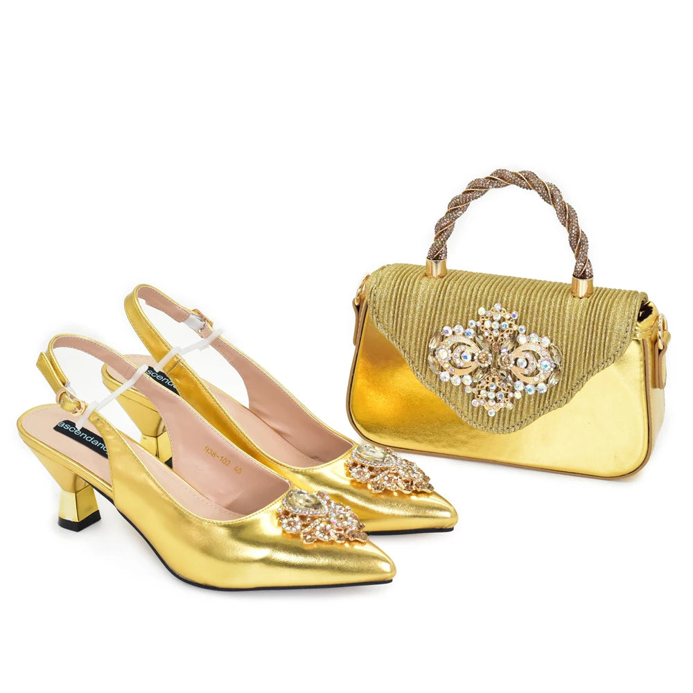 New Arrival Pointed Toe Heels for Women 2026 Elegant Party Diamond Pumps Italian Shoes and Bags Matching Set with Rhinestone
