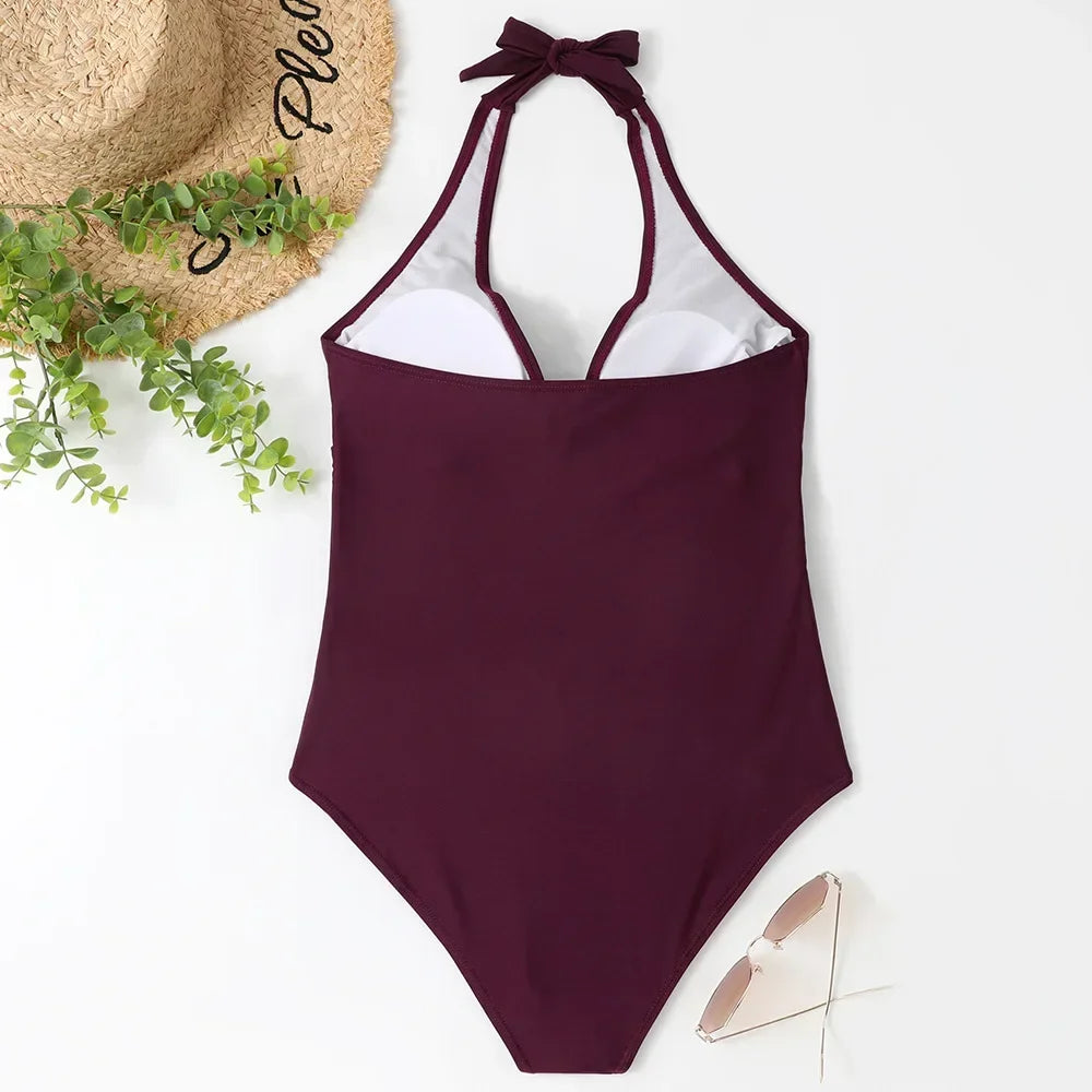 2026 New Wrinkled Halter V Neck One Piece Swimsuit Women Swimwear Female Monokini Backless Bathing Suit Swim Beachwear Bodysuit