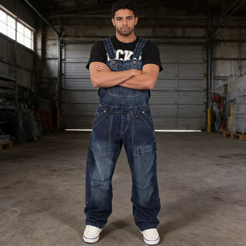 Multi Pocket Denim Overalls Suspenders Baggy Jeans Men'S Street Casual Work Pants Jumpsuits