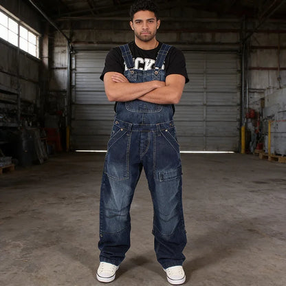 Multi Pocket Denim Overalls Suspenders Baggy Jeans Men'S Street Casual Work Pants Jumpsuits
