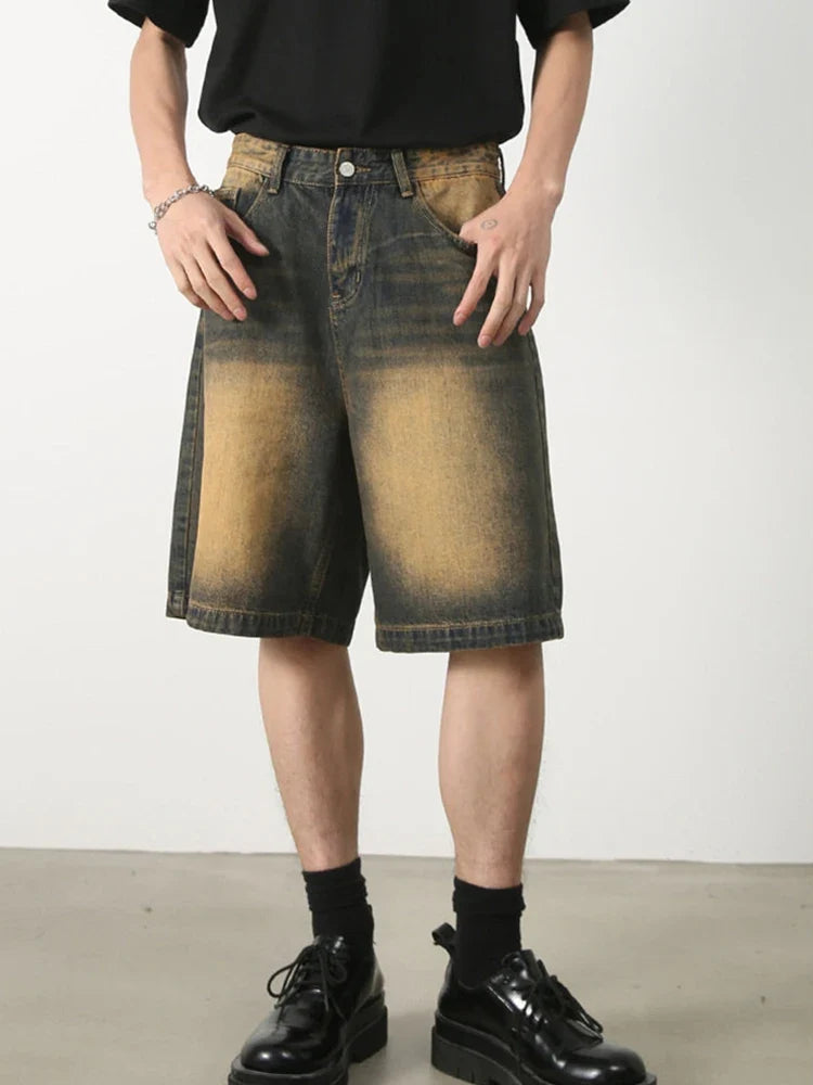 Summer Retro Washed Distressed Baggy Jorts Men's High Street Fashion Straight Jeans Shorts Y2K Casual Blue Denim Short Pants
