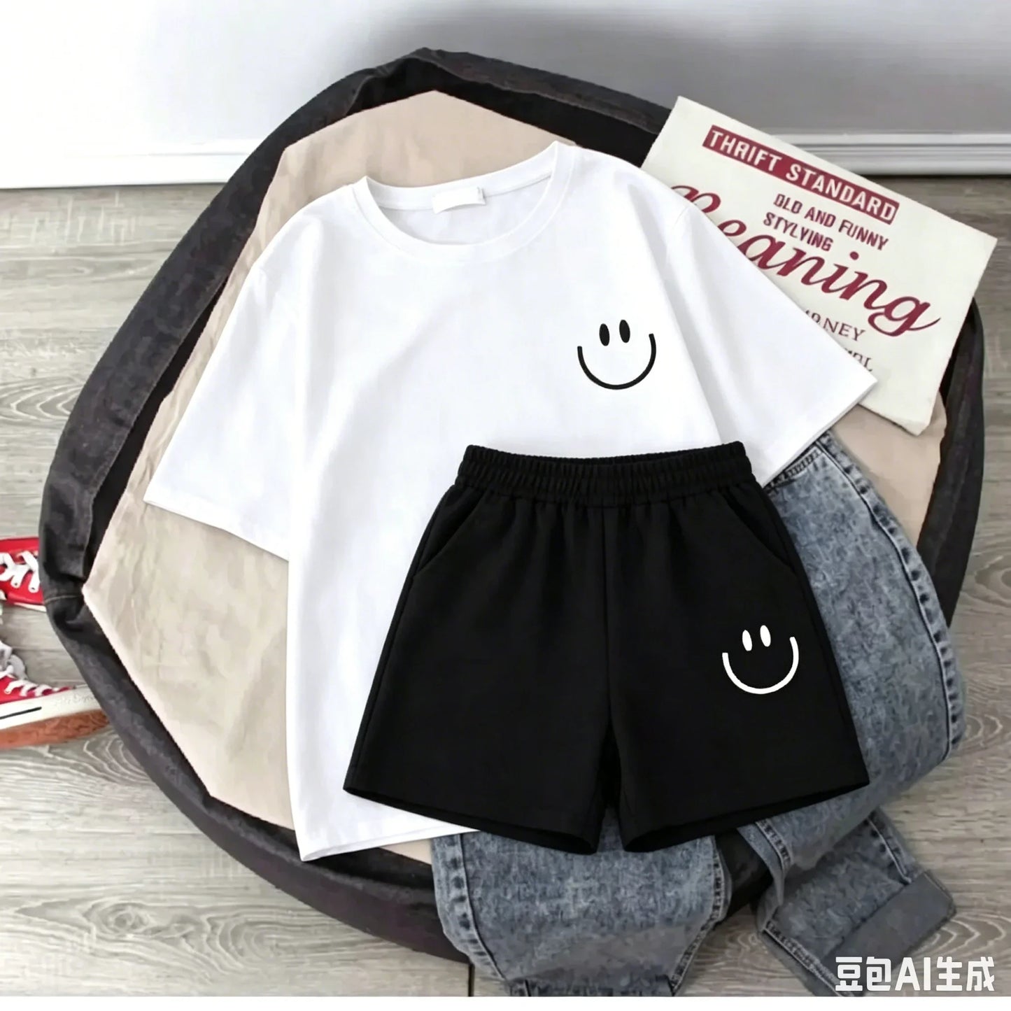 2026 New Summer Smiling Face Print Kids T-shirt Set Short-sleeved Pure Cotton Loose Basic Versatile Cool Simple Kids Outfit Tops