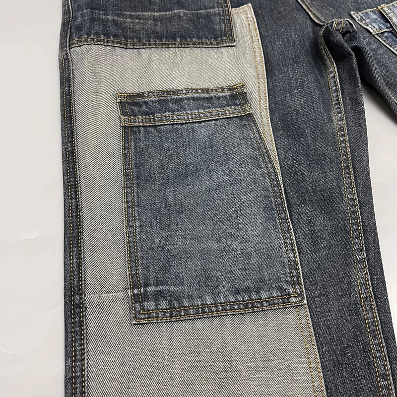 Patchwork Straight Leg Jeans Plus Size Multi Pocket Japanese Streetwear High Quality Trendy Skater Fit Denim Trousers 2025 New