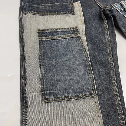 Patchwork Straight Leg Jeans Plus Size Multi Pocket Japanese Streetwear High Quality Trendy Skater Fit Denim Trousers 2025 New