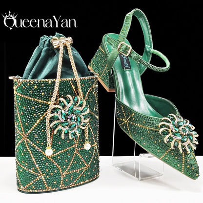 New Style Evening Shoes and Bag Set Comfortable Thick Heel Shoes With Oval Stand Bag Comes with Metal Double Chain