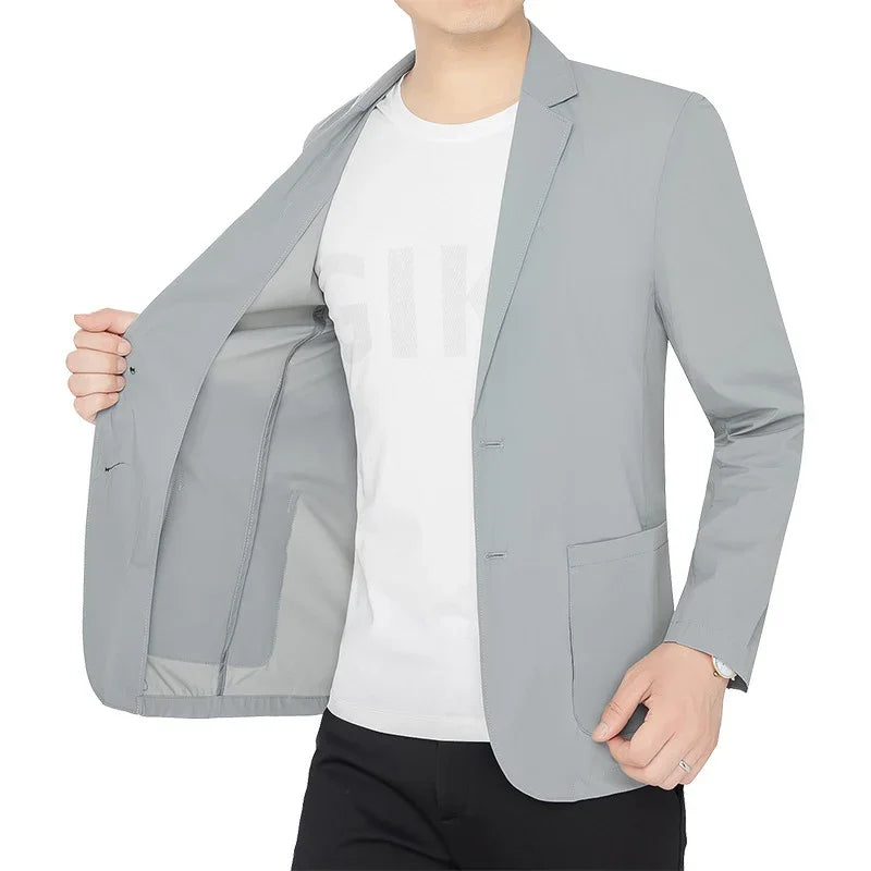 Brand Summer Men Blazers Gray Solid Color Thin Anti Wrinkle Quick Drying Soft Business Suit Blazer Jacket for Man