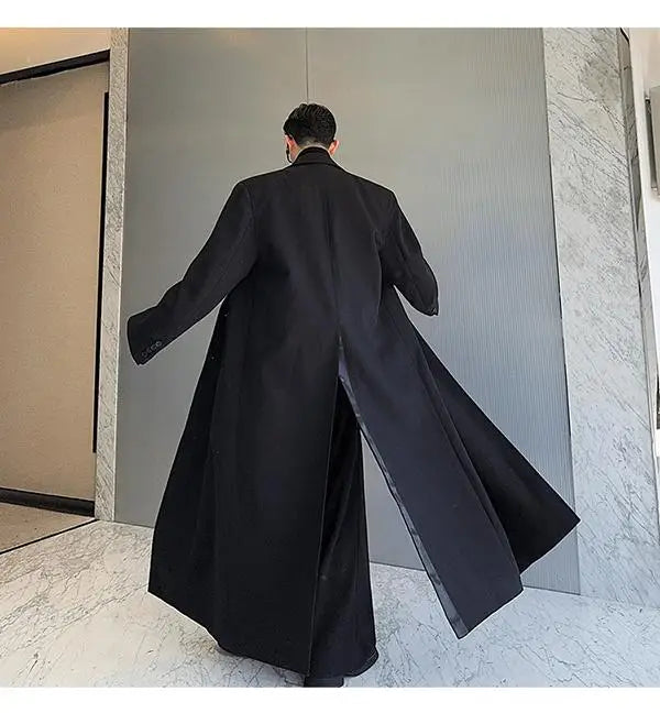 Spring Autumn Extra Logn Black Oversized Flowy Soft Trench Coat for Men with Back High Slit Loose Casual Overcoat