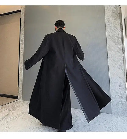 Spring Autumn Extra Logn Black Oversized Flowy Soft Trench Coat for Men with Back High Slit Loose Casual Overcoat