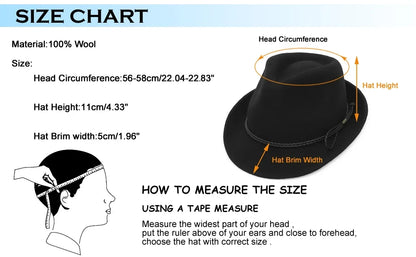 100% Wool Black Retro Felt Jazz Hats for Men Women Short Brim Gentleman Soft Trilby Fedora Panama Hat with Belt