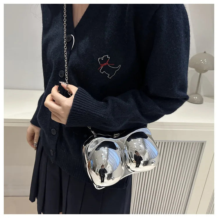 Party Purse Chest Shape PVC Bag For Women 2025 Mini Crossbody Bag Metal Chain Shoulder Bag Luxury Gold Silvery Lipstick Pouch