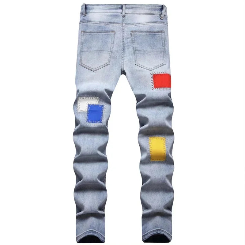 Men's Embroidered Jeans Rainbow Square Cloth Pure Cotton Stretch Slim Pants Scraped White Wearable High Street Color Patch 2025