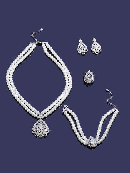Trendy Pearl Tassel Necklace 4PCS Jewelry Set For Women Wedding Party Full Zircon Dubai Bridal Jewelry Set Gift