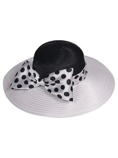 Elegant Women Wide Brim Rose Black Patchwork Polka Dots Kentucky Hat For Wedding Party Hat Big Bowknot Fedora Beach Cap