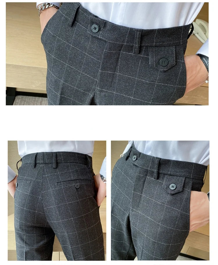 Boutique Classic Plaid and Striped Fashion Men's Casual Business Slim Suit Pants Groom Wedding Dress Trousers Party