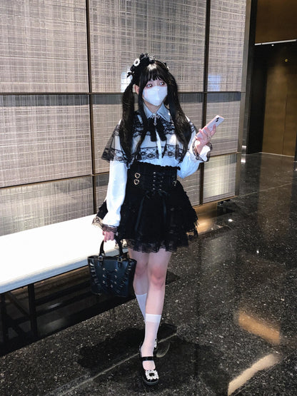Japanese Original Lolita Lace Ruffle Edge Tied Bow High Waist Mini Skirt Spring Summer New Slim Waist Sweet Girl Y2k Skirt