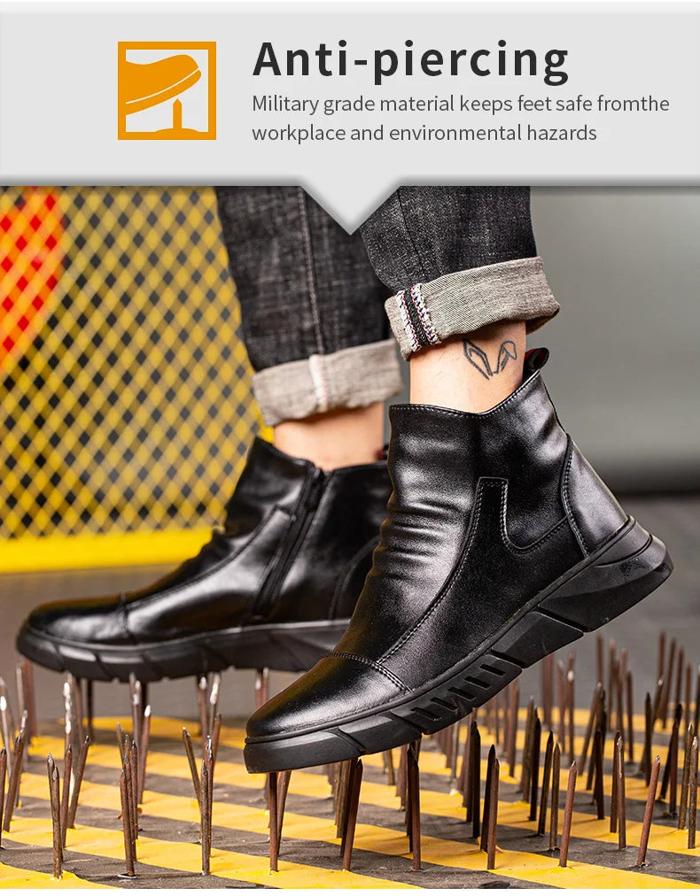 Fashion 2025 Black Leather Safety Work Shoes for Men Indestructible Steel Toe Cap Anti Nail Anti Slip Male Boots Footwear
