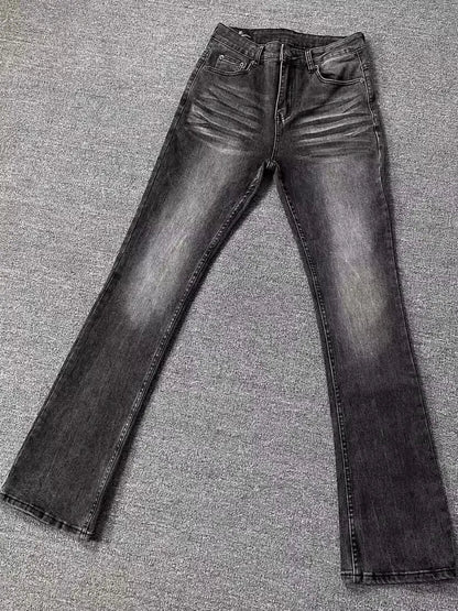 High Street Washed Black Grey Jeans Men Summer Slimming Tall Micro Flared Pants Youth Trendy Long Jeans High Waist