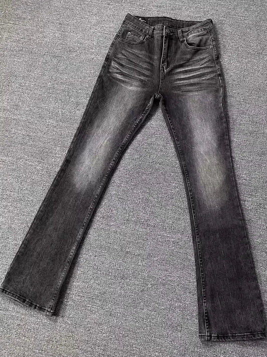 High Street Washed Black Grey Jeans Men Summer Slimming Tall Micro Flared Pants Youth Trendy Long Jeans High Waist