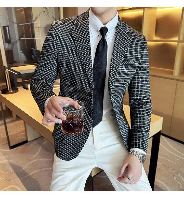 Men's Elegant Grid Suit Jacket 2026 Spring New Fashion Slim Blazer Jackets Social Prom Dress Jacket Men's High Quality Clothing