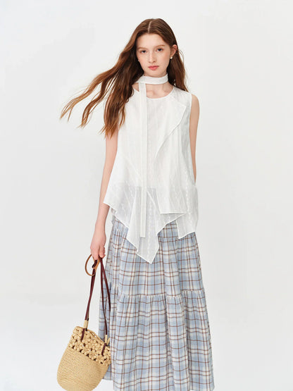 2026 Summer Women Asymmetrical Cut-out Tie-Neck Sleeveless Blouse Round Neck Top Soft Elegant Daily Layering Essential