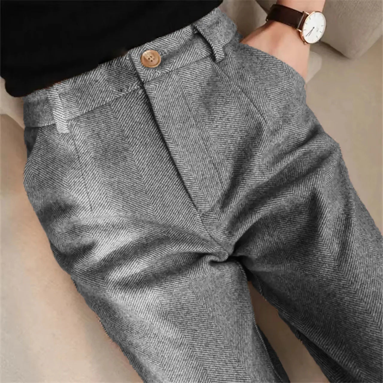 Italian Vintage Suit Pant For Men Autumn Winter Wool Herringbone Pattern Straight Trousers British Style Business Casual Pants