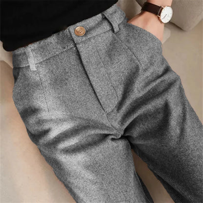 Italian Vintage Suit Pant For Men Autumn Winter Wool Herringbone Pattern Straight Trousers British Style Business Casual Pants