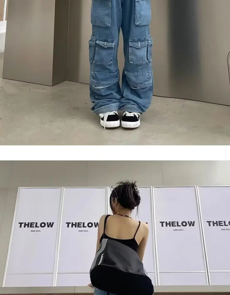Y2K Cargo Jeans Women's Baggy Wide Leg Multi-Pocket Fashion Denim Pants Harajuku Streetwear Female Vintage Loose Casual Pants