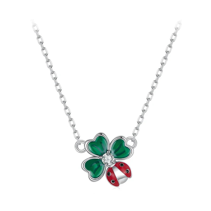 925 Sterling Silver Four-leaf Clover Ladybug Necklace for Women - Lucky Jewelry Gifts Fashion Birthday Graduation Gift