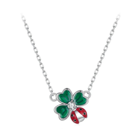 925 Sterling Silver Four-leaf Clover Ladybug Necklace for Women - Lucky Jewelry Gifts Fashion Birthday Graduation Gift