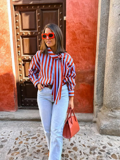 2026 New Women's Striped Shirt With Bow Tie Long Sleeve Loose Casual Blouse Female Fashion Tops