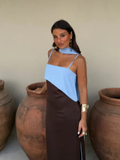 Fashion Color Block Spaghetti Strap Maxi Dress Women Elegant Halter Scarf  High Split Slim Vestidos 2026 New Daily Party Robes