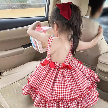 Girls' Lolita Dress, Summer Style, Stylish Plaid Princess Dress for Children, Baby Girl Summer Backless Suspender Dress