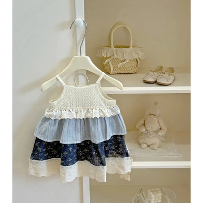 Summer Girls Casual Dresses with Hat Children's Clothing 2025 New Girls' Hollow Out Sleeveless Skirt Children's Lace Dress